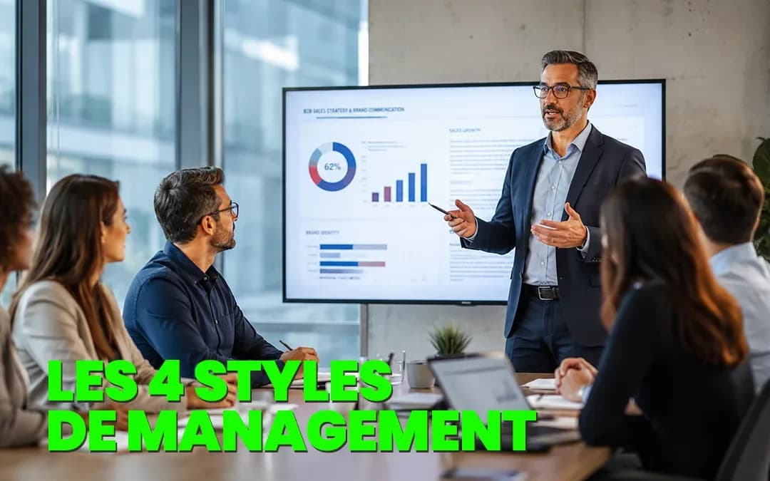 Illustration des 4 styles de management : directif, persuasif, participatif et délégatif lors d'une réunion d'équipe.