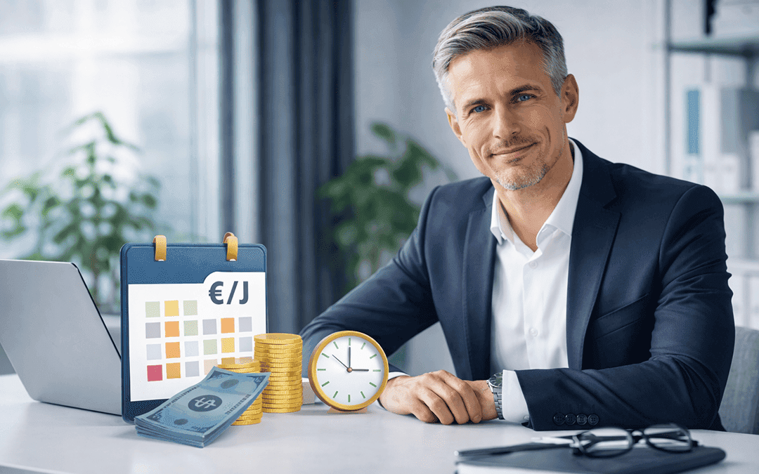 Manager de transition calculant son TJM et sa rémunération avec calendrier, horloge, labtop et billets de banque.