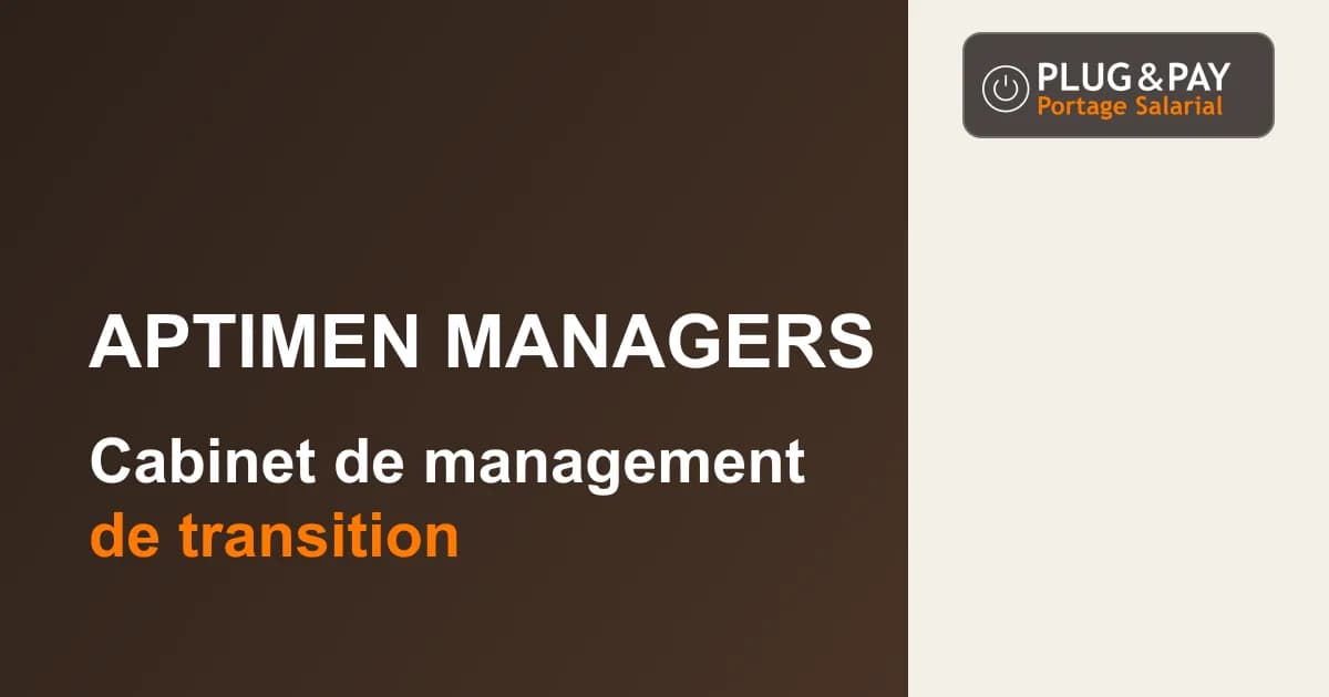 Aptimen Managers, cabinet de management de transition, sur un fond brun et écru avec la signature plug&pay.