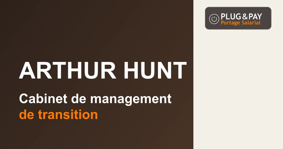 Arthur Hunt, cabinet de management de transition, sur un fond brun et écru avec la signature plug&pay.