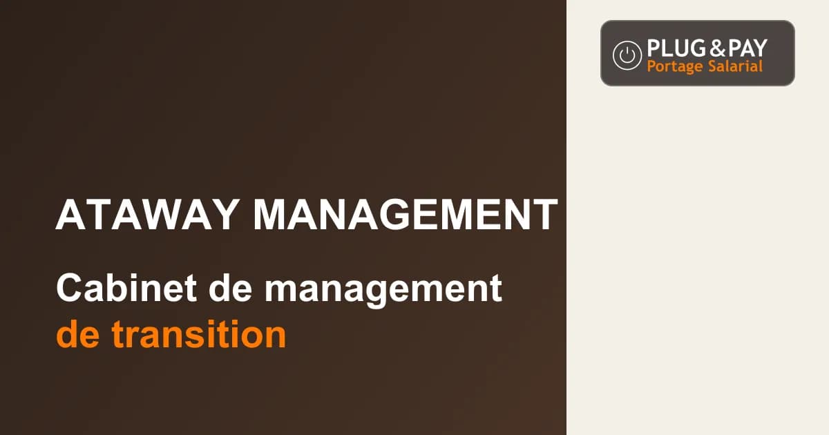 ataWay Management, cabinet de management de transition, sur un fond brun et écru avec la signature plug&pay.