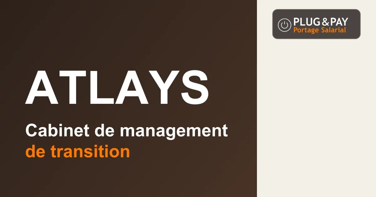 Atlays, cabinet de management de transition, sur un fond brun et écru avec la signature plug&pay.