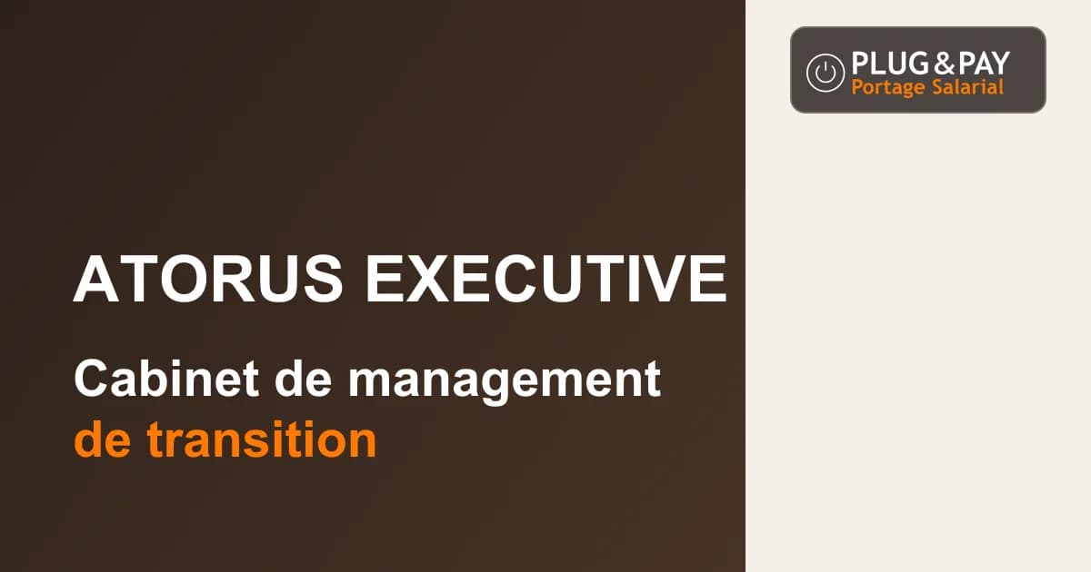 Atorus Executive, cabinet de management de transition, sur un fond brun et écru avec la signature plug&pay.