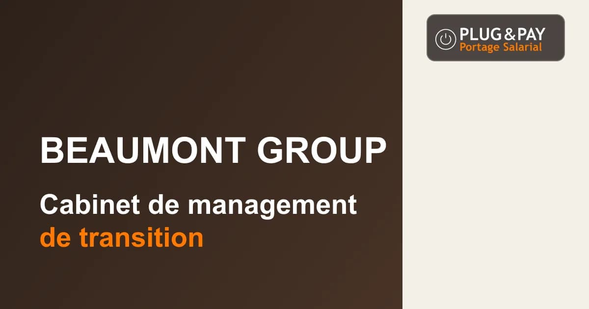 Beaumont Group, cabinet de management de transition, sur un fond brun et écru avec la signature plug&pay.