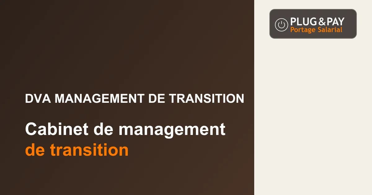 DVA Management de Transition, cabinet de management de transition, sur un fond brun et écru avec la signature plug&pay.