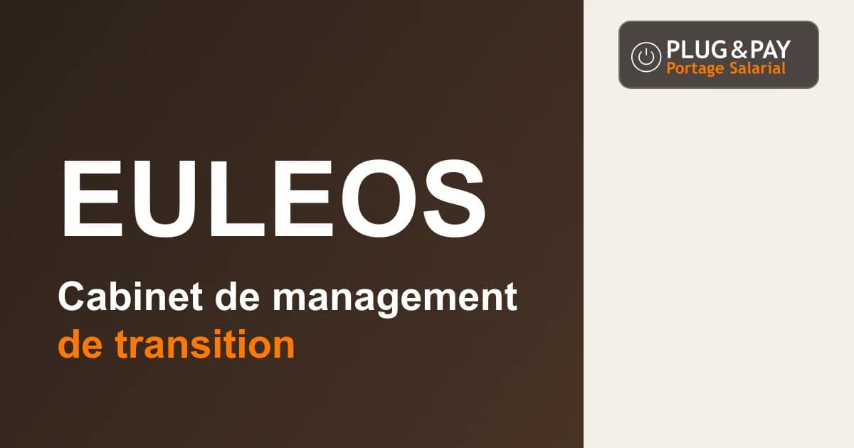 Euleos, cabinet de management de transition, sur un fond brun et écru avec la signature plug&pay.
