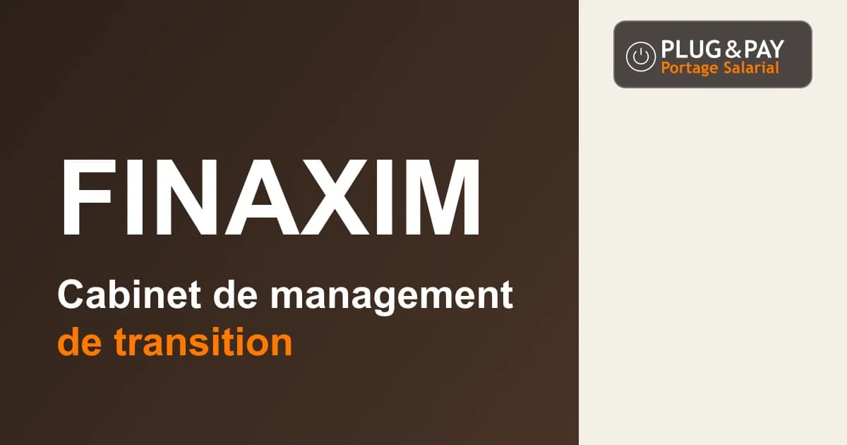 Finaxim, cabinet de management de transition, sur un fond brun et écru avec la signature plug&pay.