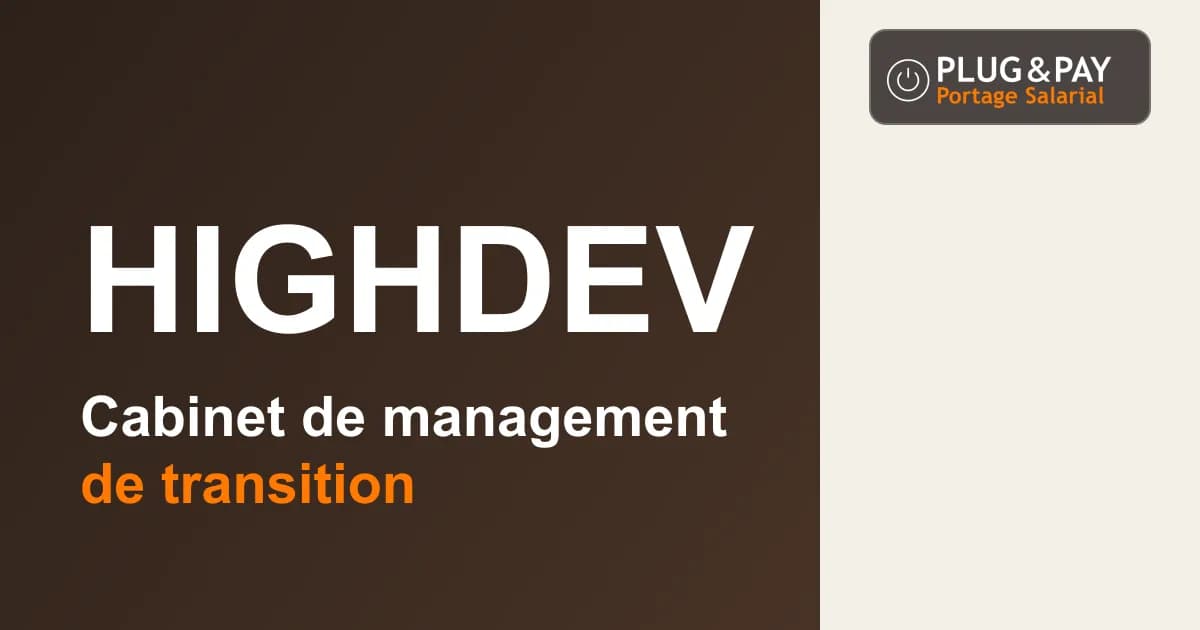 Highdev, cabinet de management de transition, sur un fond brun et écru avec la signature plug&pay.