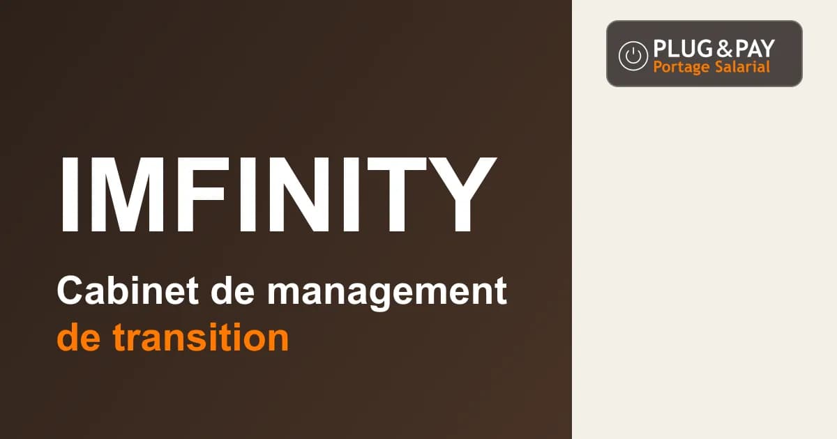 IMfinity, cabinet de management de transition, sur un fond brun et écru avec la signature plug&pay.