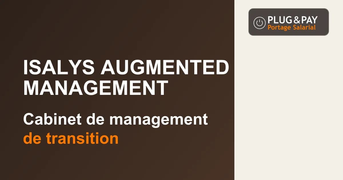 ISALYS Augmented Management, cabinet de management de transition, sur un fond brun et écru avec la signature plug&pay.