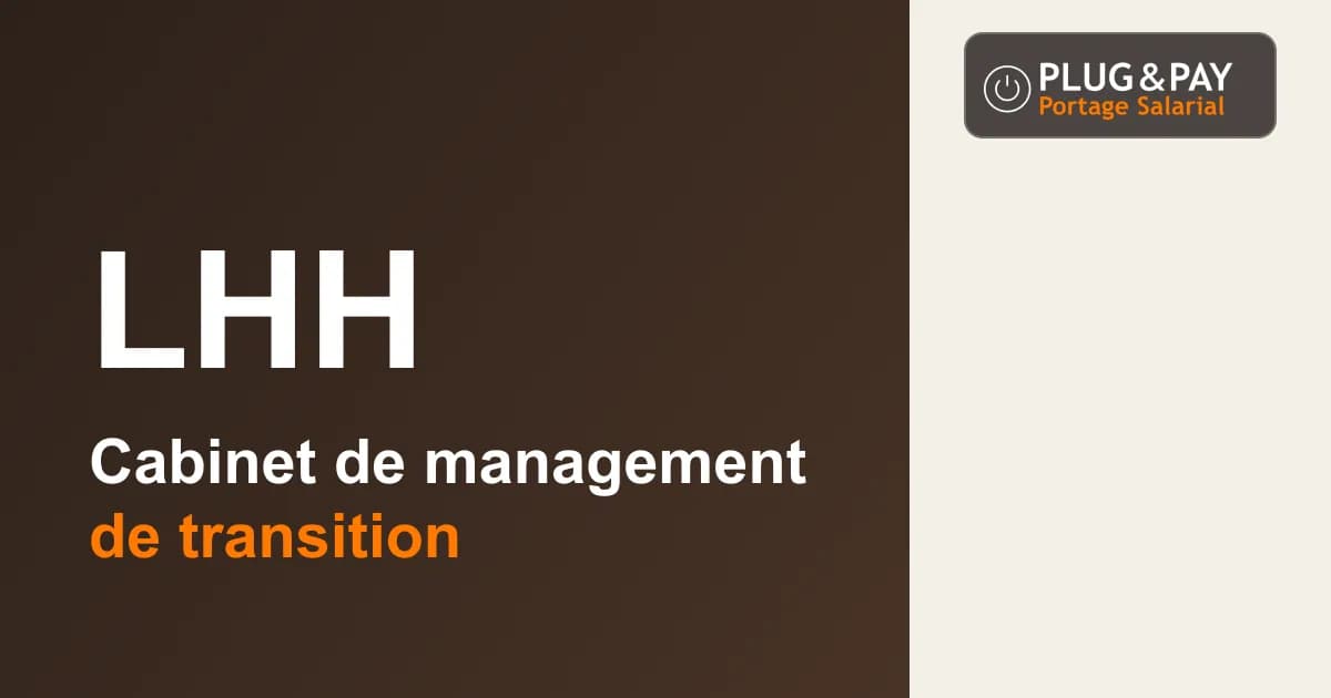 LHH, cabinet de management de transition, sur un fond brun et écru avec la signature plug&pay.