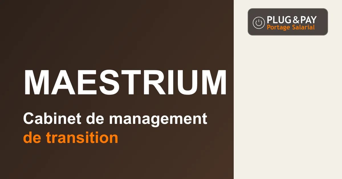 Maestrium, cabinet de management de transition, sur un fond brun et écru avec la signature plug&pay.