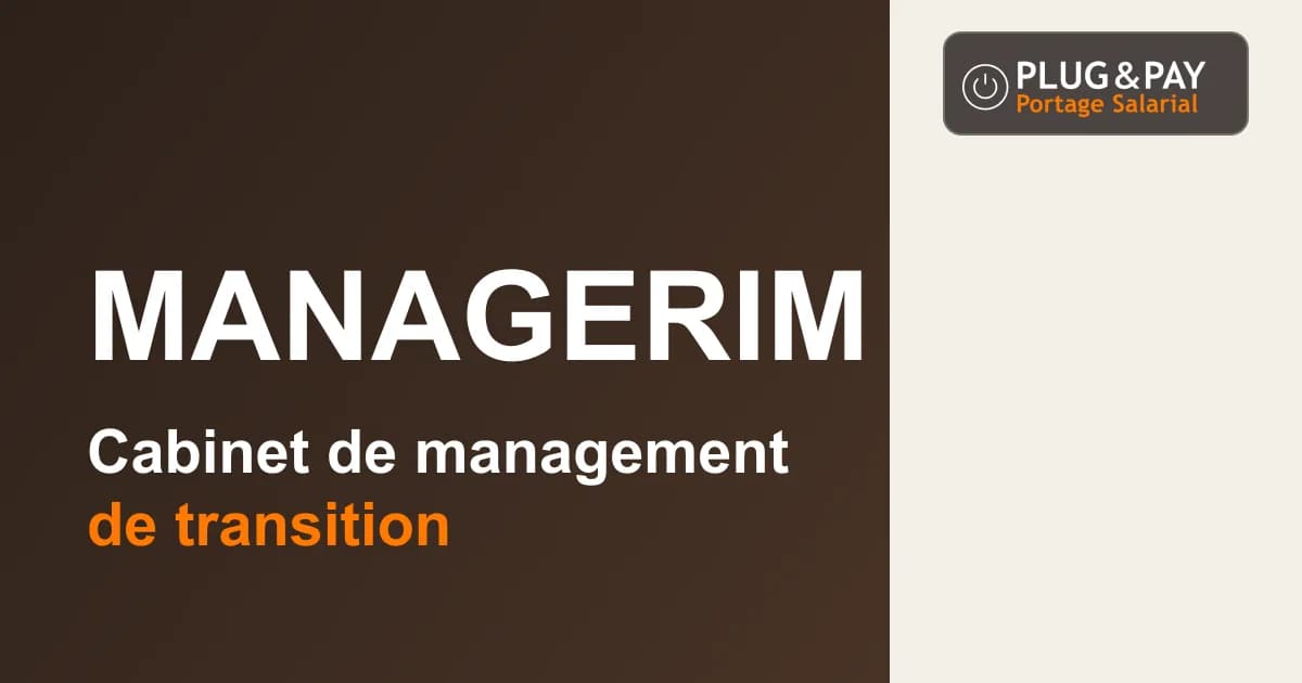 Managerim, cabinet de management de transition, sur un fond brun et écru avec la signature plug&pay.