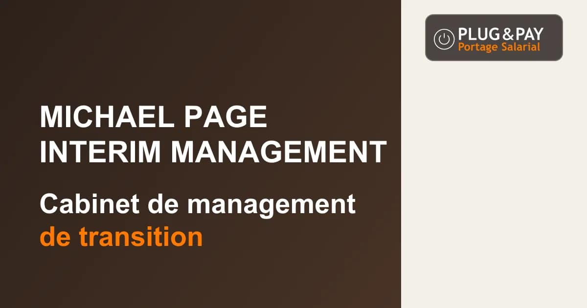 Michael Page Interim Management, cabinet de management de transition, sur un fond brun et écru avec la signature plug&pay.