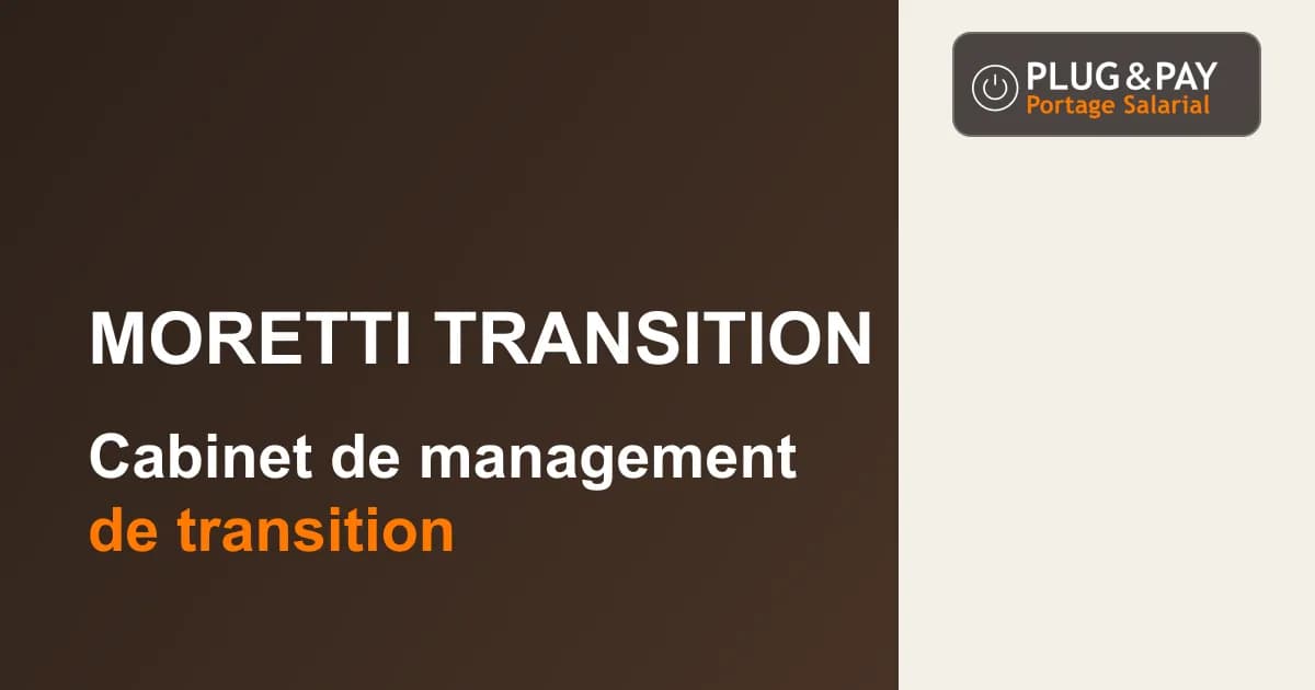Moretti Transition, cabinet de management de transition, sur un fond brun et écru avec la signature plug&pay.