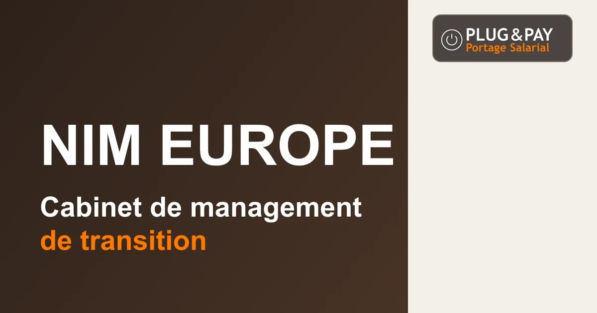 NIM Europe, cabinet de management de transition, sur un fond brun et écru avec la signature plug&pay.
