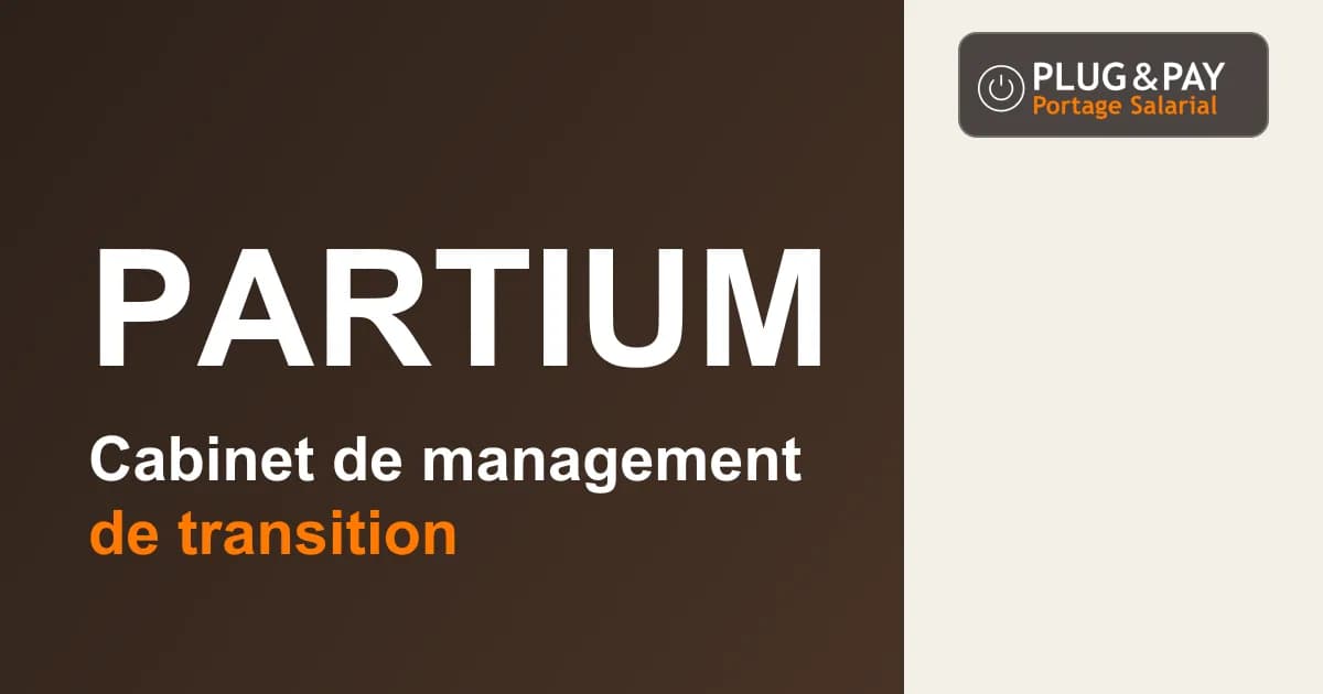 Partium, cabinet de management de transition, sur un fond brun et écru avec la signature plug&pay.