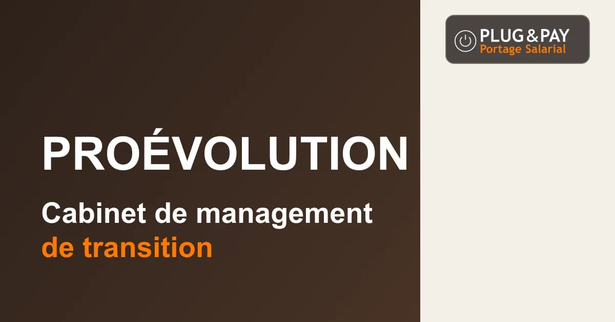 Proévolution, cabinet de management de transition, sur un fond brun et écru avec la signature plug&pay.