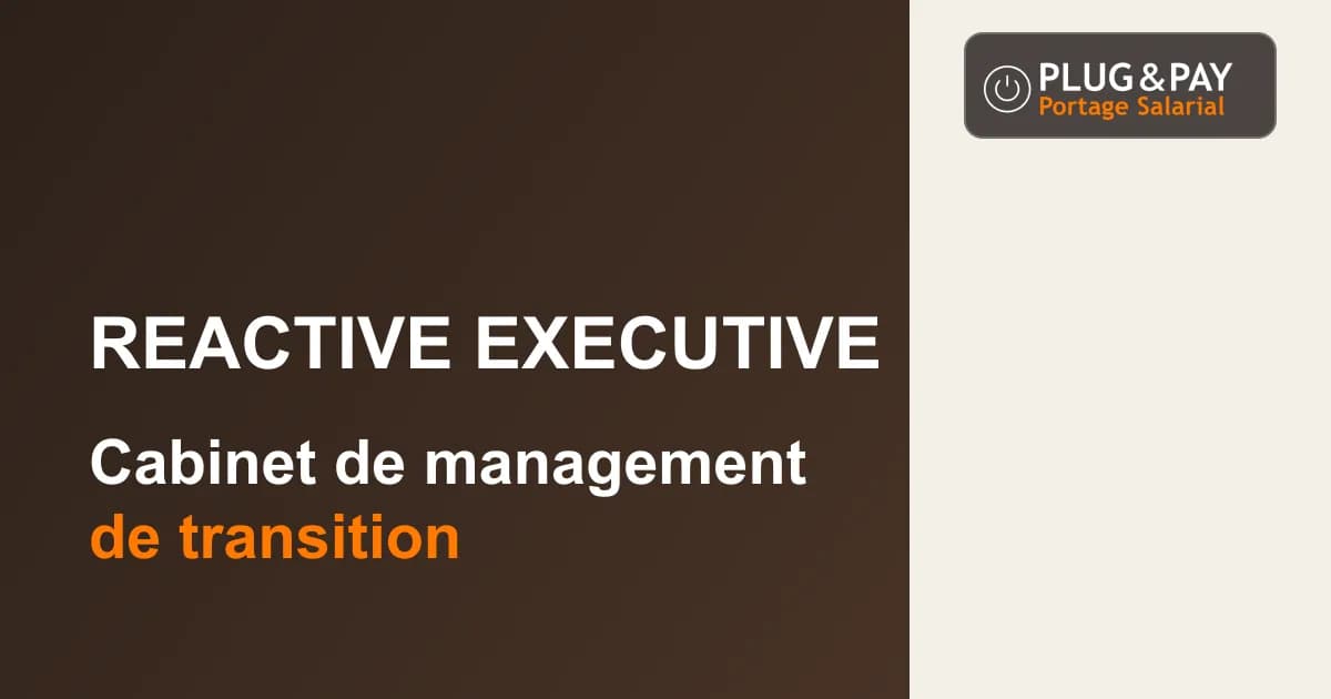 Reactive Executive, cabinet de management de transition, sur un fond brun et écru avec la signature plug&pay.