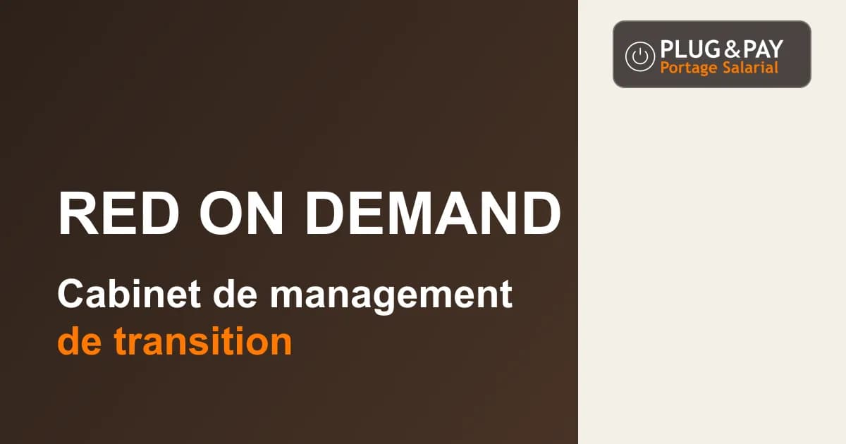 Red on Demand, cabinet de management de transition, sur un fond brun et écru avec la signature plug&pay.