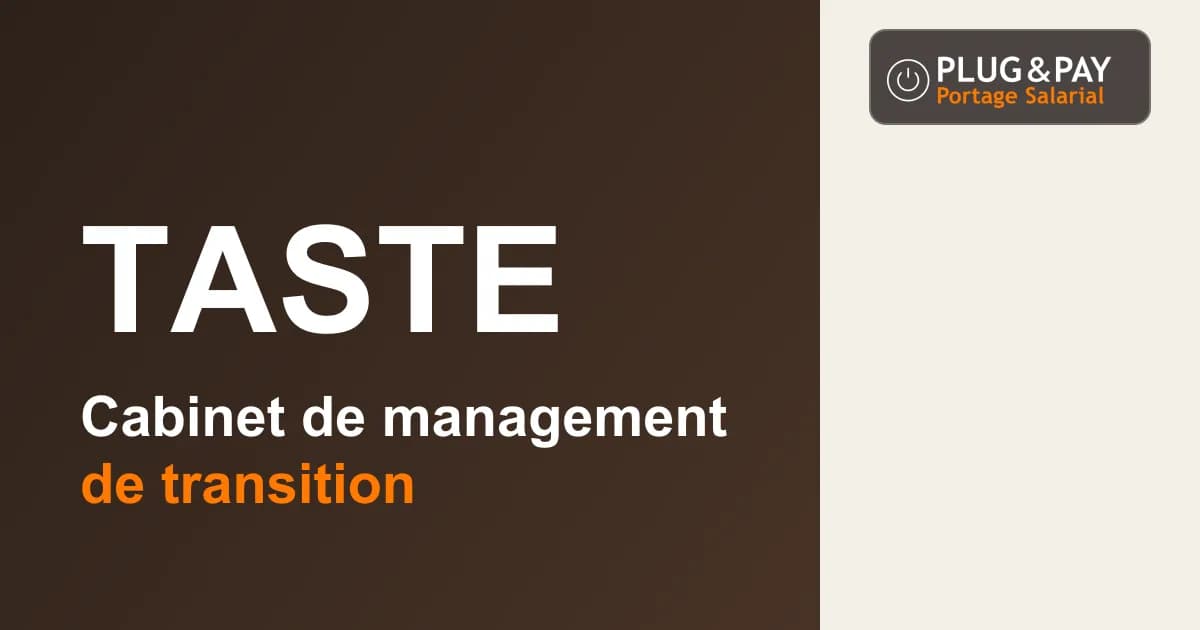 Taste, cabinet de management de transition, sur un fond brun et écru avec la signature plug&pay.