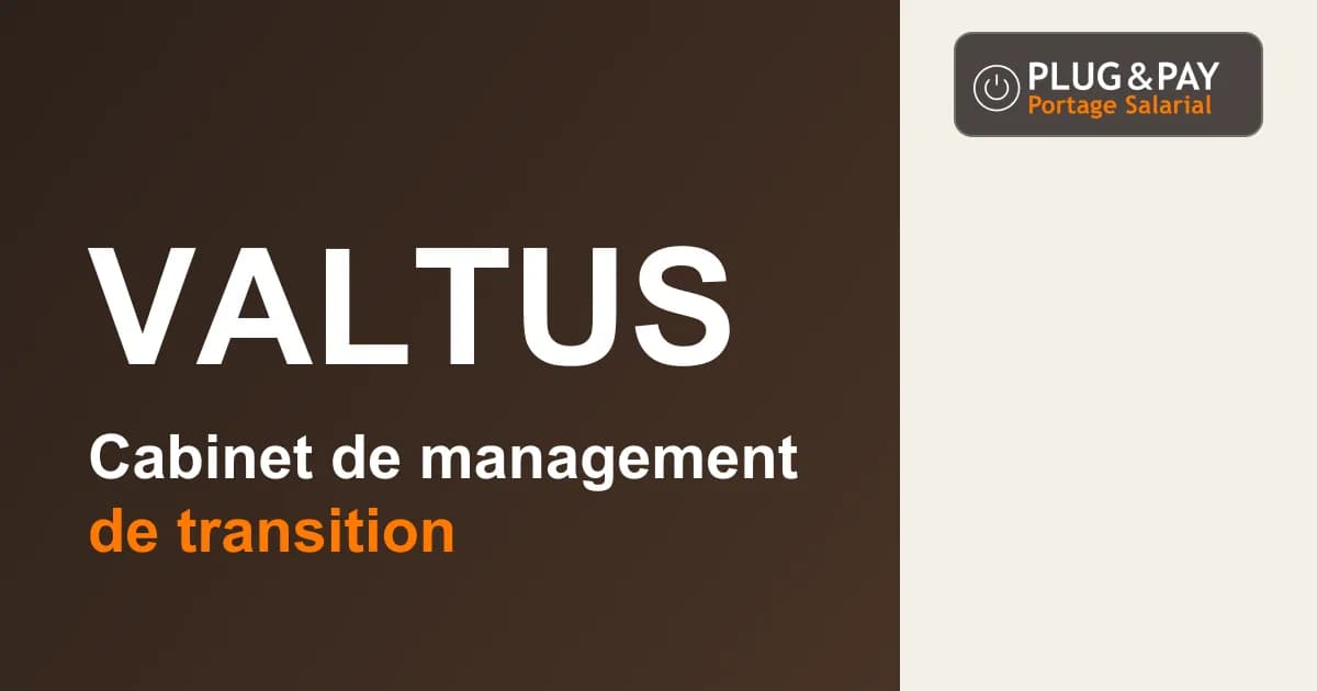 Valtus, cabinet de management de transition, sur un fond brun et écru avec la signature plug&pay.