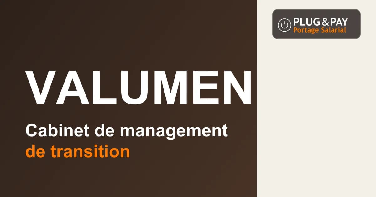 Valumen, cabinet de management de transition, sur un fond brun et écru avec la signature plug&pay.