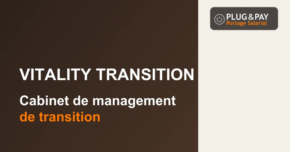 Vitality Transition, cabinet de management de transition, sur un fond brun et écru avec la signature plug&pay.