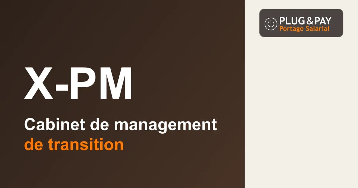 X-PM, cabinet de management de transition, sur un fond brun et écru avec la signature plug&pay.
